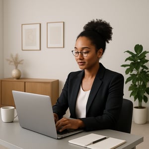 a black professional woman working on her computer seen from a 34 angle not seeing the screen of the computer with a neutral but satisfied expression-1