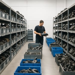 man working in a sorting center on spare automotive parts seen from afar with neutral white light in a wide space thats very well lit We dont see the
